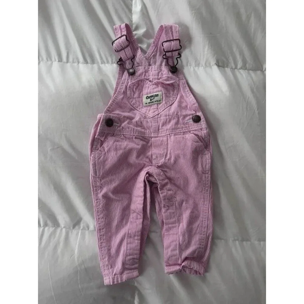 Vintage OshKosh B'gosh Pink Striped Heart Pocket Overalls 3m